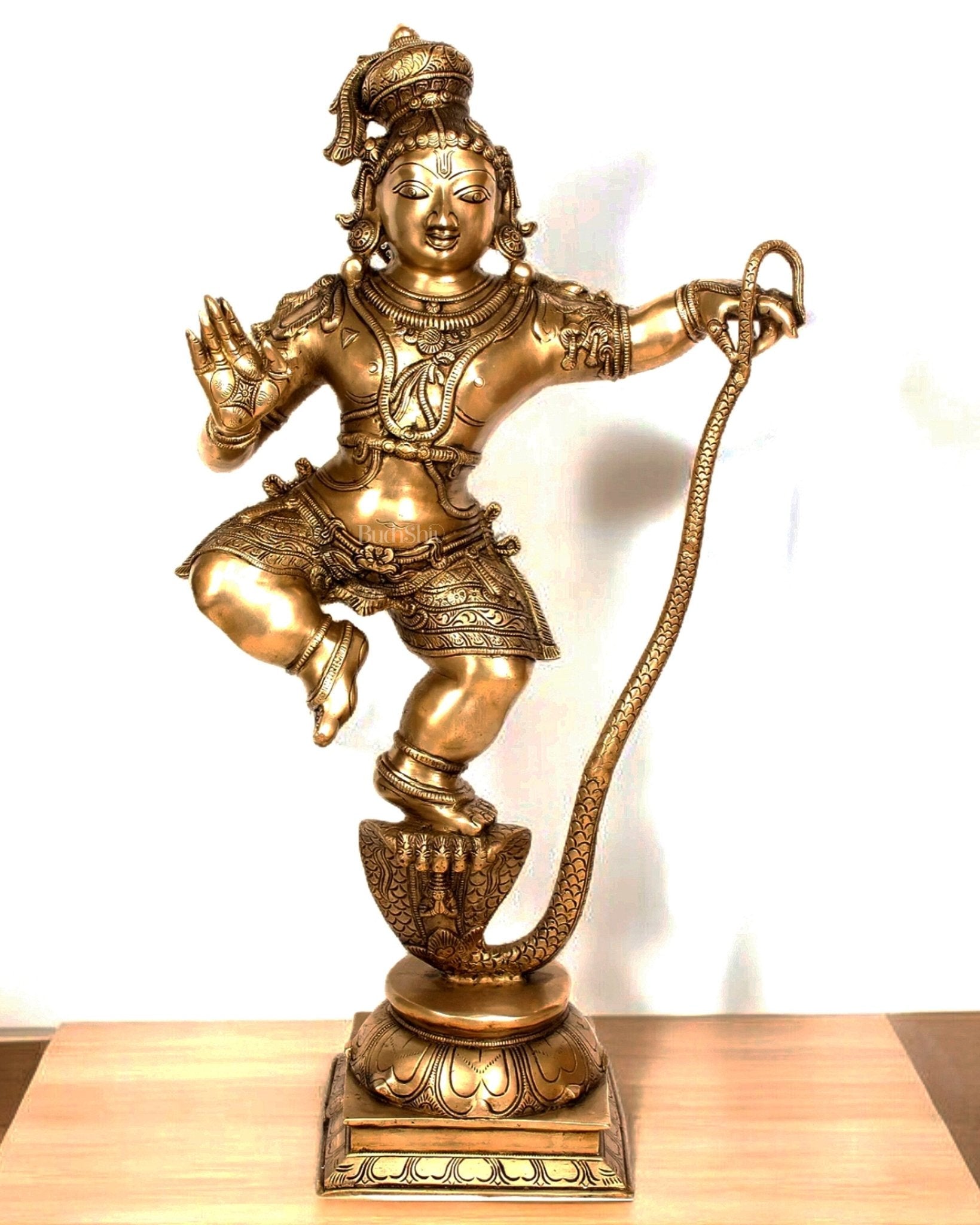 Brass Krishna Statue on Kaliya Naaga – Chola Inspired Kalinga Narthana Sculpture 35 inch | 100% Certified Copper & Brass - Sama Homes Idol - Brass Sculpture - Eco-friendly - Sama Homes