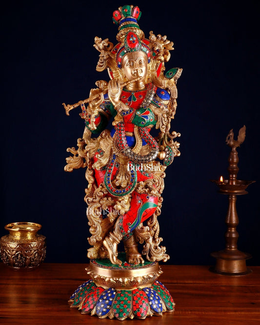 Brass Krishna Statue with Lotus Base | 27 Inch | 100% Certified Copper & Brass - Sama Homes Idol - Brass Sculpture