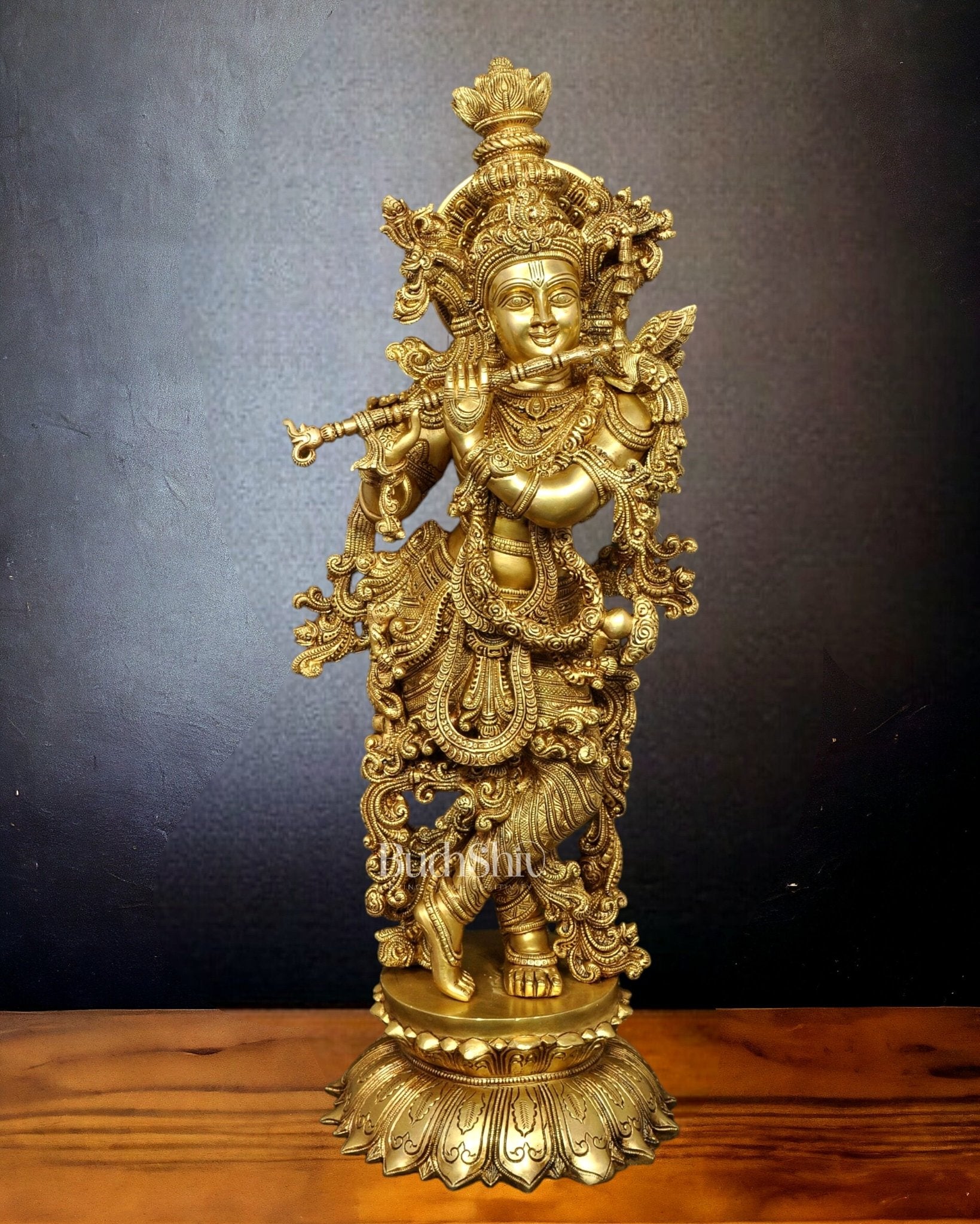 Brass Krishna Statue with Lotus Base | 27 Inches | 100% Certified Copper & Brass - Sama Homes Idol - Brass Sculpture - Eco-friendly - Sama Homes