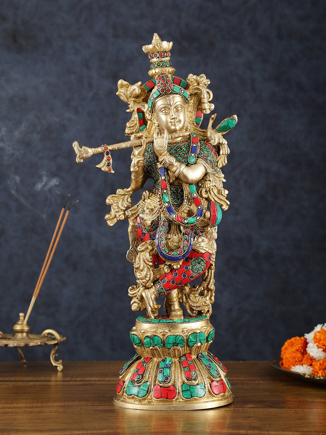 Brass Krishna Statue with Semi-Precious Stones – 18" Height, Fine Quality | 100% Certified Copper & Brass - Sama Homes Idol - Brass Sculpture - Eco-friendly - Sama Homes