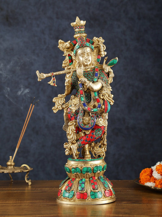 Brass Krishna Statue with Semi-Precious Stones – 18" Height, Fine Quality | 100% Certified Copper & Brass - Sama Homes Idol - Brass Sculpture
