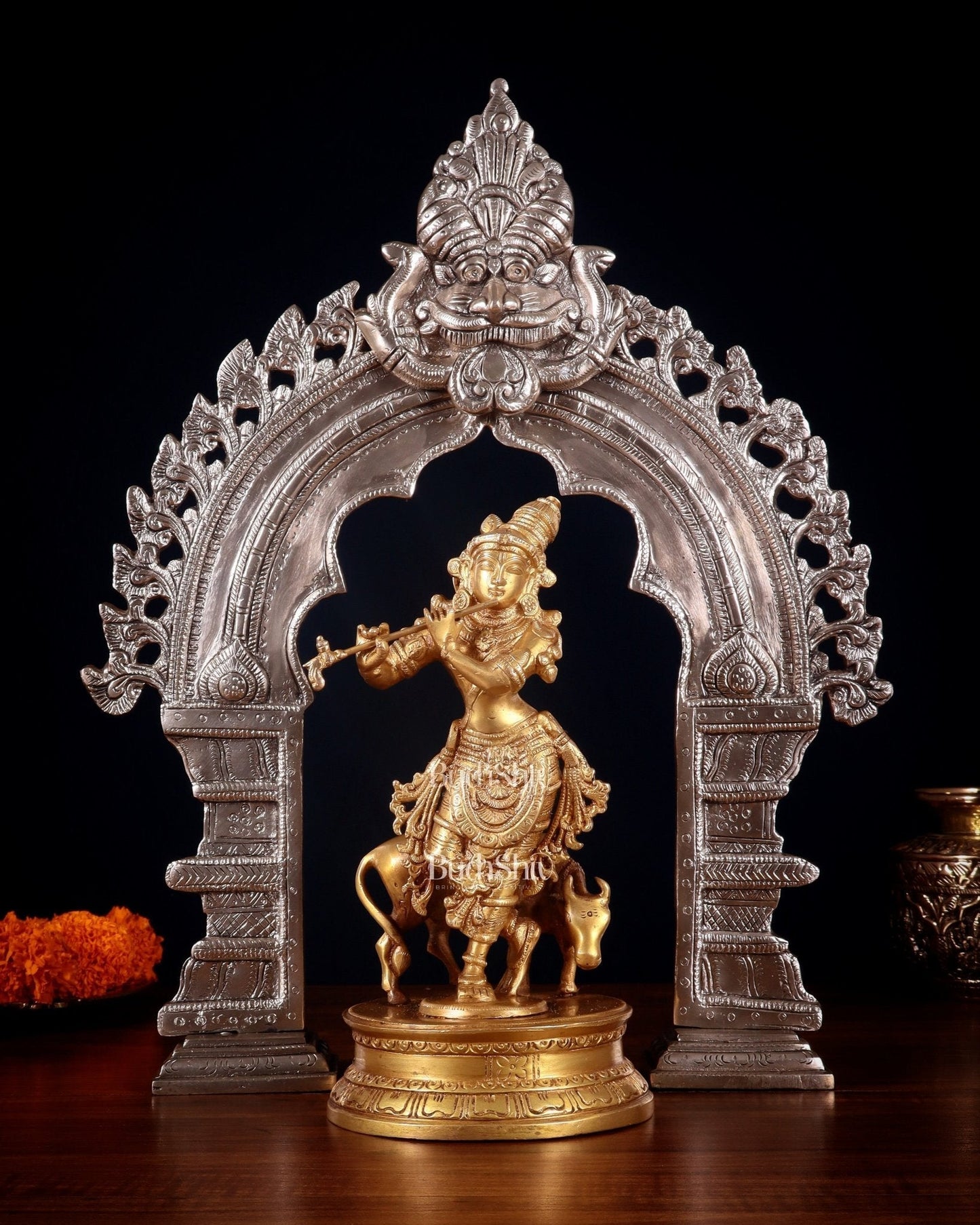Brass Krishna with Cow Idol & Silver-Plated Prabhavali Arch – Divine spiritual Set | 100% Certified Copper & Brass - Sama Homes Idol - Brass Sculpture