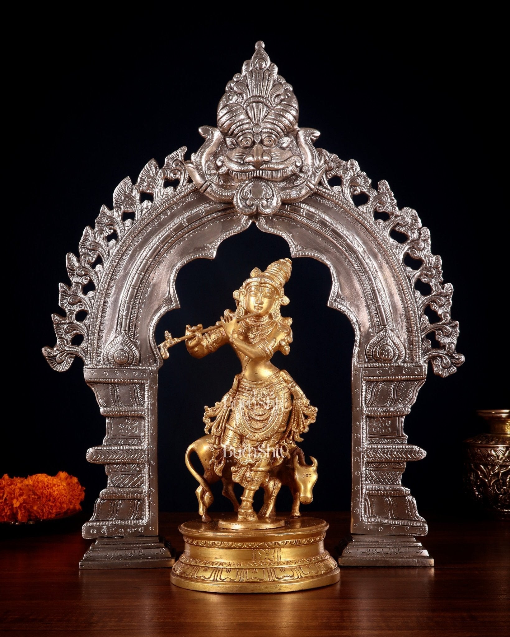 Brass Krishna with Cow Idol & Silver-Plated Prabhavali Arch – Divine spiritual Set | 100% Certified Copper & Brass - Sama Homes Idol - Brass Sculpture - Eco-friendly - Sama Homes