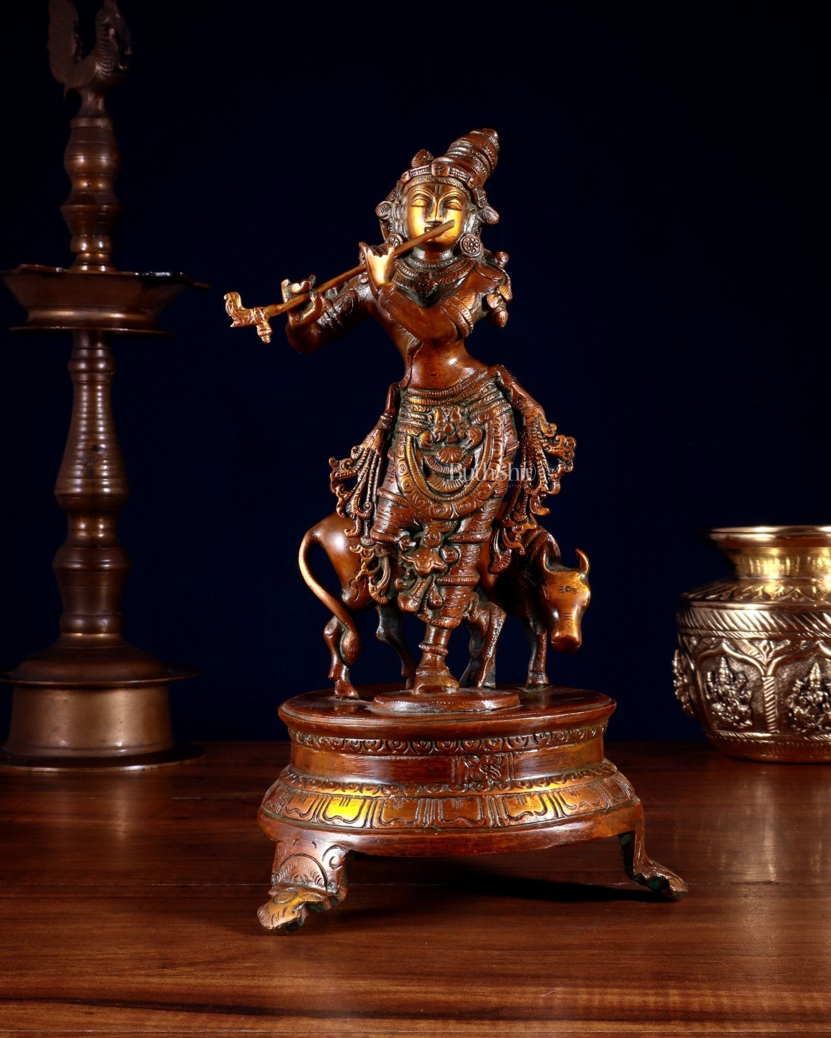 Brass Krishna with Cow on Round Pedestal 10.5 inch | 100% Certified Copper & Brass - Sama Homes Idol - Brass Sculpture - Eco-friendly - Sama Homes