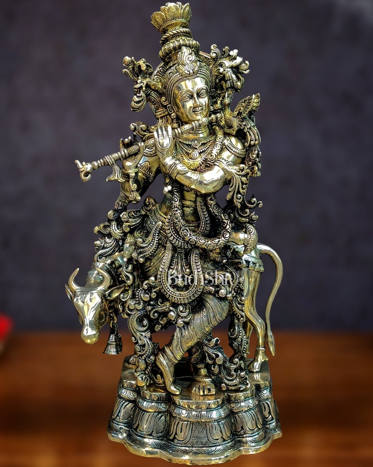 Brass Krishna with cow statue 26" | 100% Certified Copper & Brass - Sama Homes Idol - Brass Sculpture