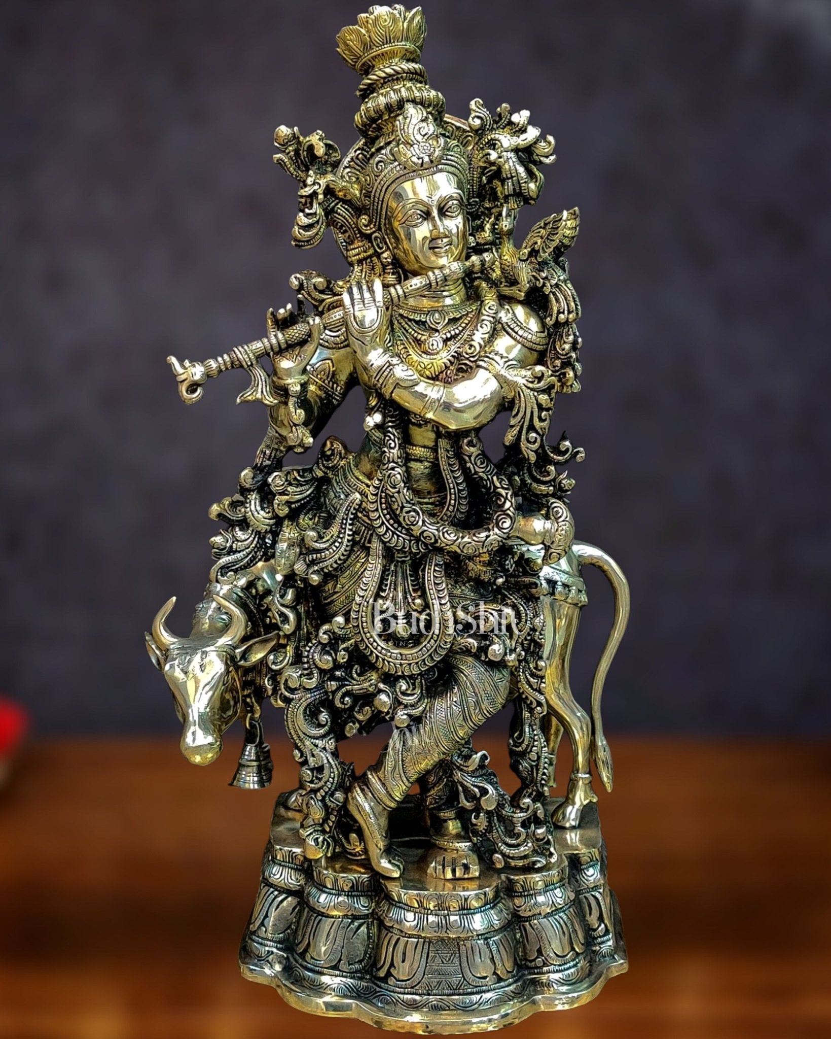 Brass Krishna with cow statue 26" | 100% Certified Copper & Brass - Sama Homes Idol - Brass Sculpture - Eco-friendly - Sama Homes