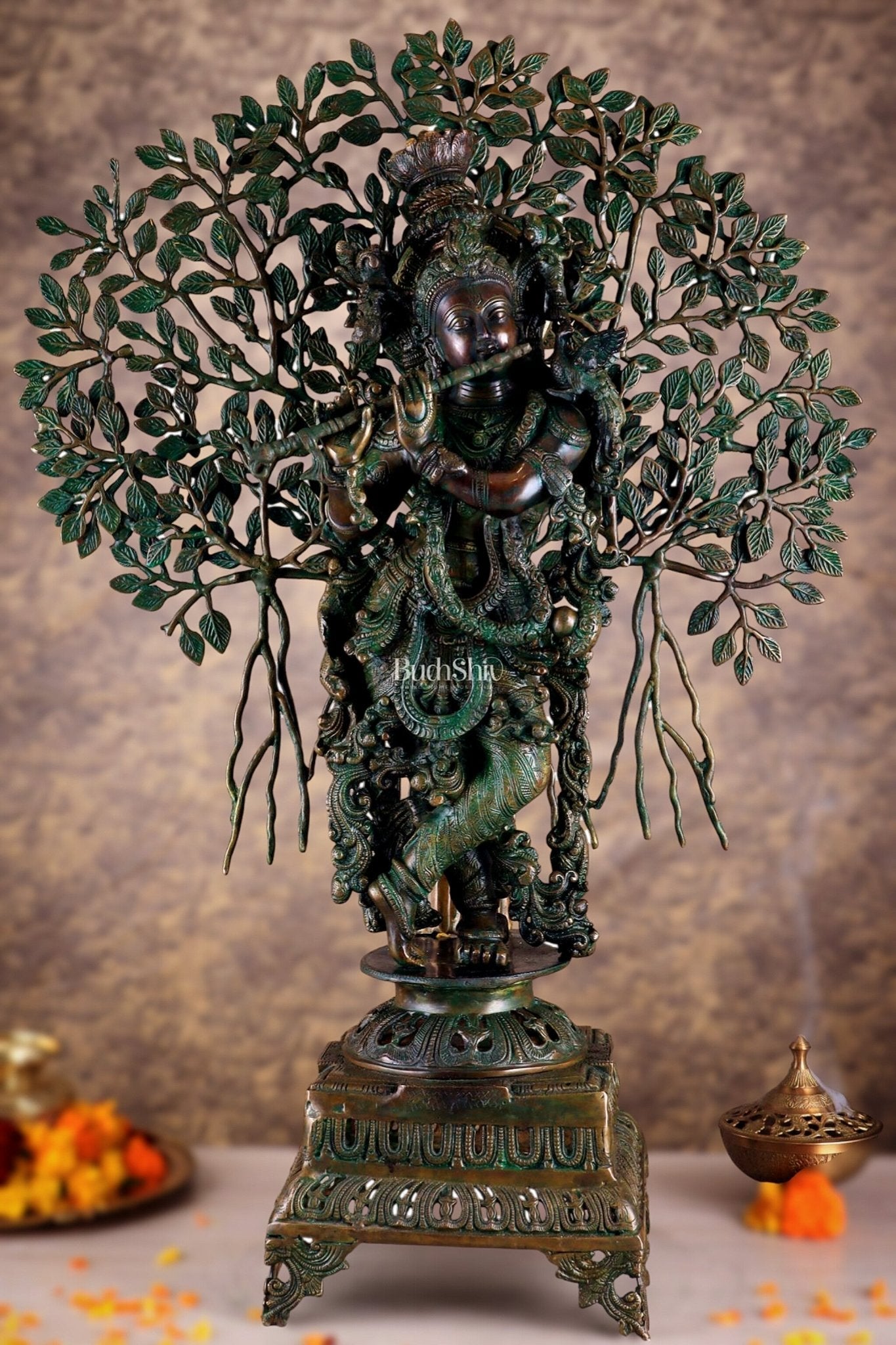 Brass Krishna with Kalpavriksha tree statue - 35" bronze tone antique | 100% Certified Copper & Brass - Sama Homes Idol - Brass Sculpture