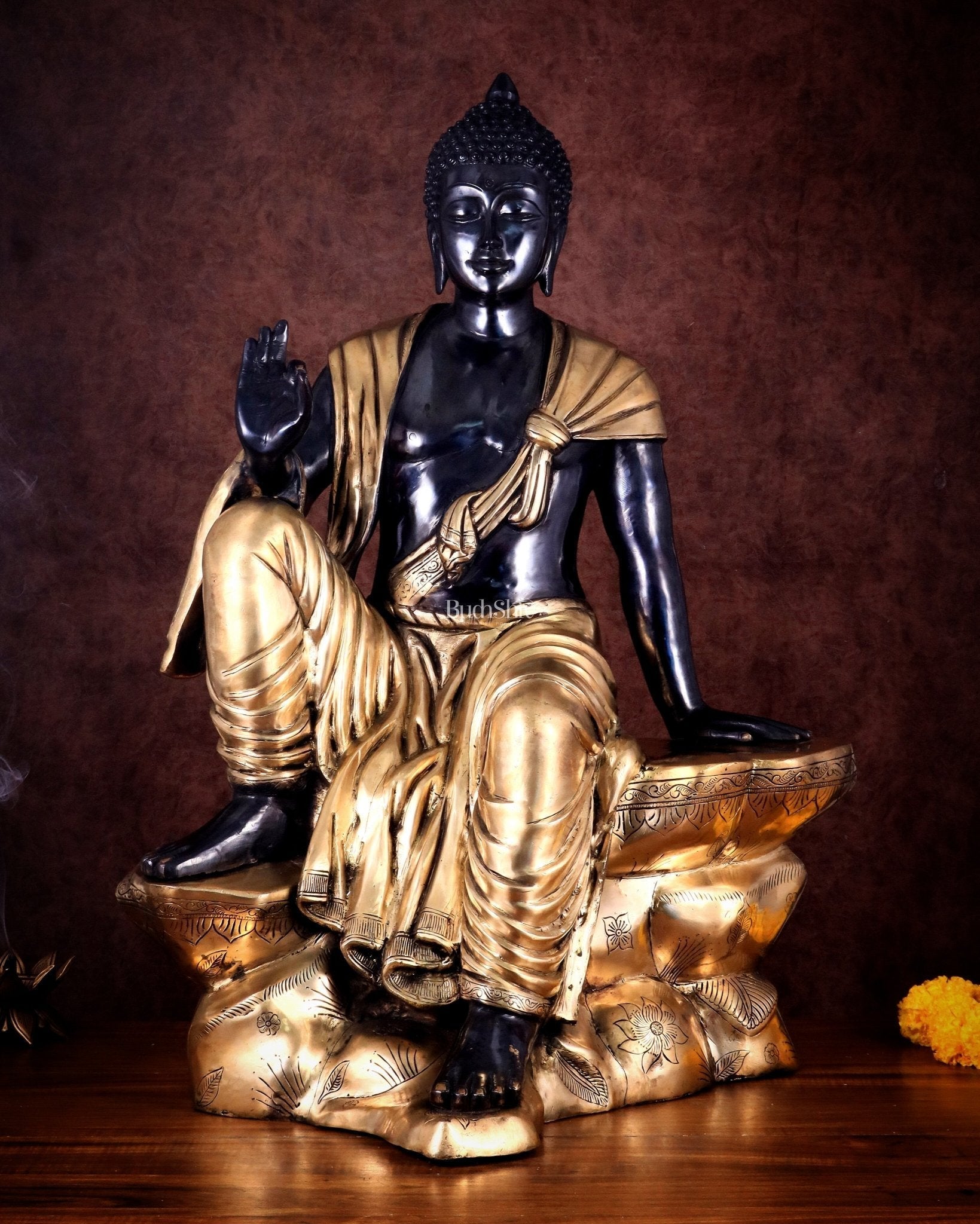 Brass large Buddha Sitting Statue with Black Heat-Treated Finish - 30" | 100% Certified Copper & Brass - Sama Homes Idol - Brass Sculpture - Eco-friendly - Sama Homes