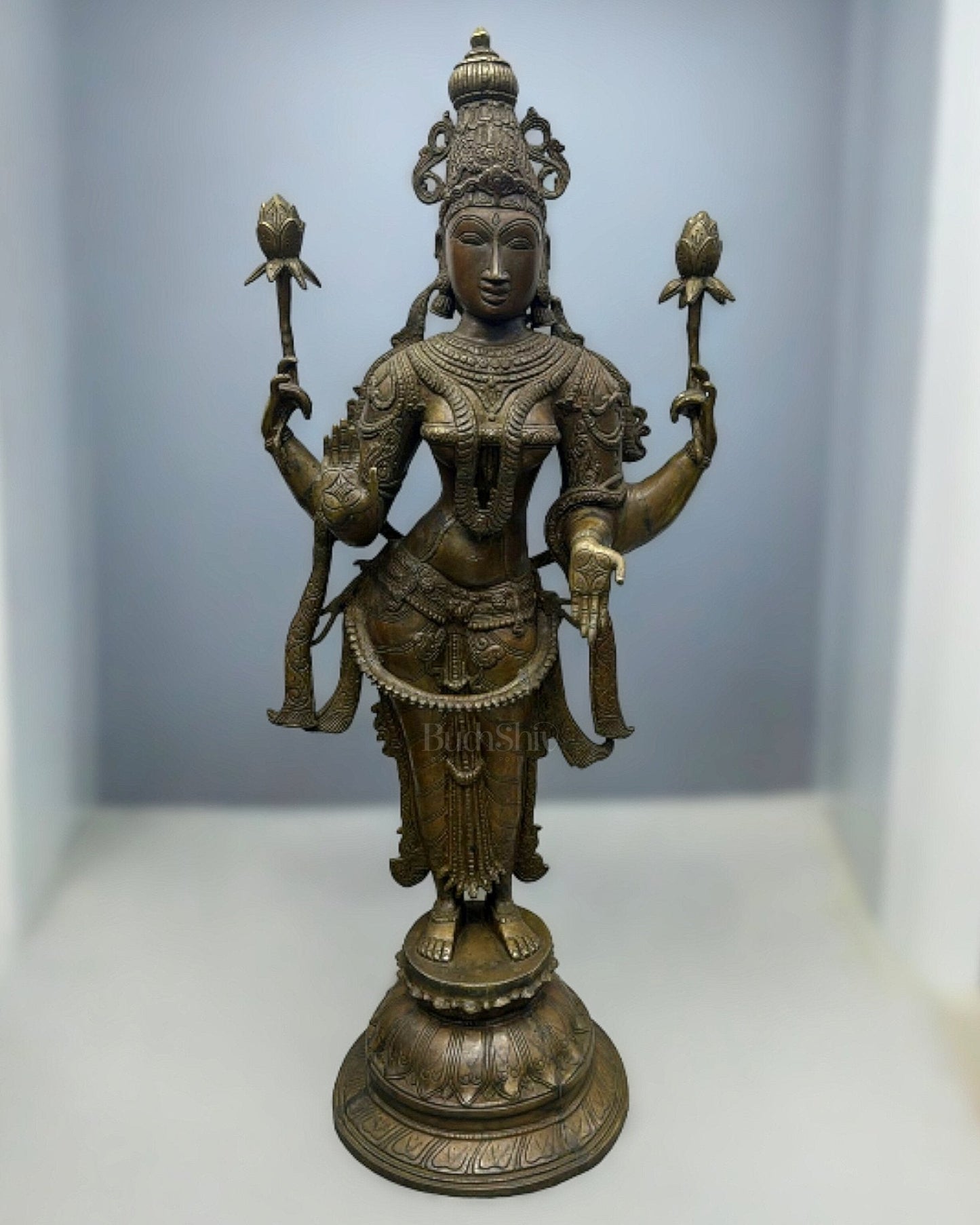 Brass Large Goddess Lakshmi sculpture Antique Tone 39" | 100% Certified Copper & Brass - Sama Homes Idol - Brass Sculpture