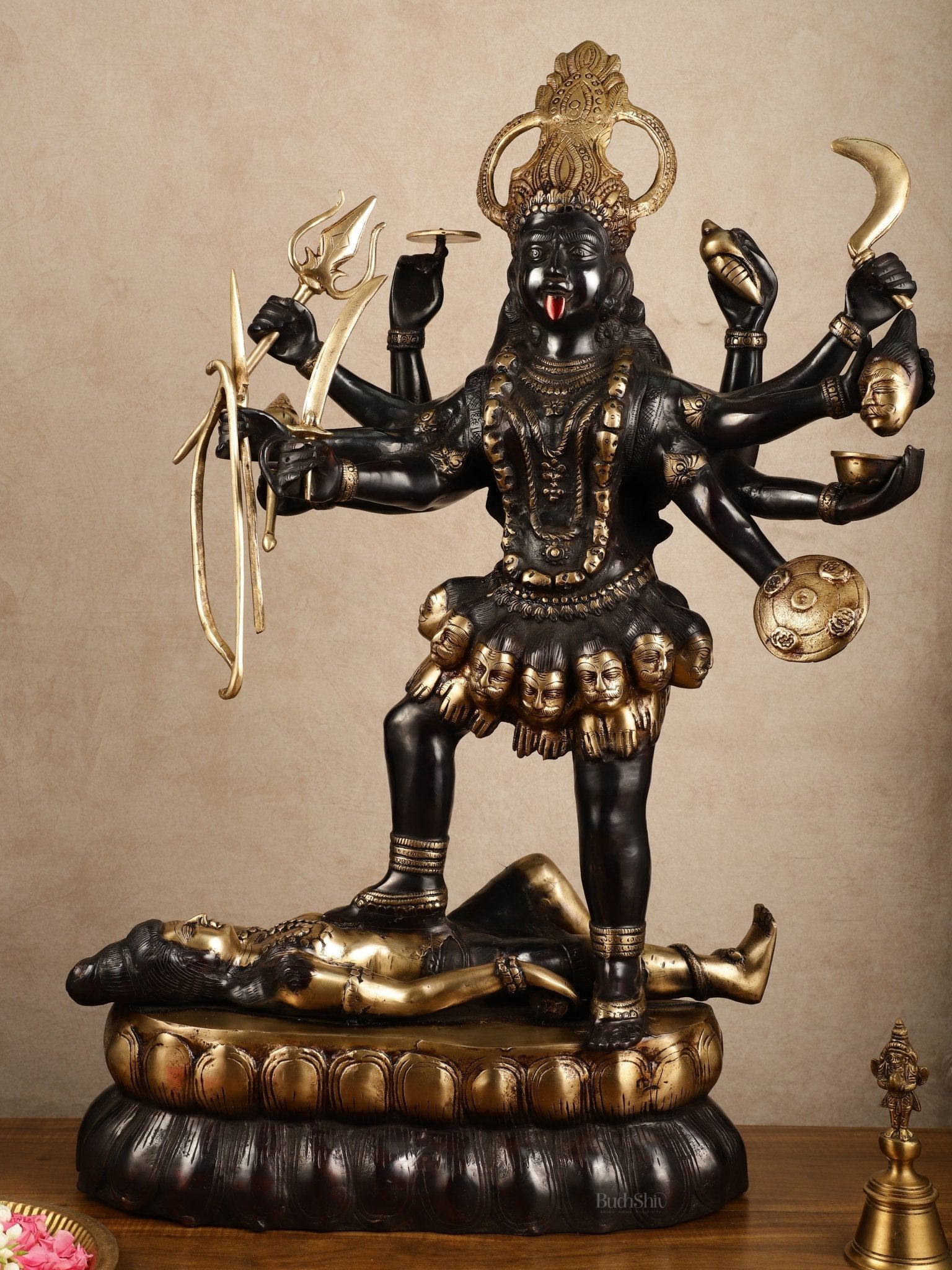 Brass Large Kali Mata Sculpture Black Edition | 33x18x9 Inch | 100% Certified Copper & Brass - Sama Homes Idol - Brass Sculpture - Eco-friendly - Sama Homes