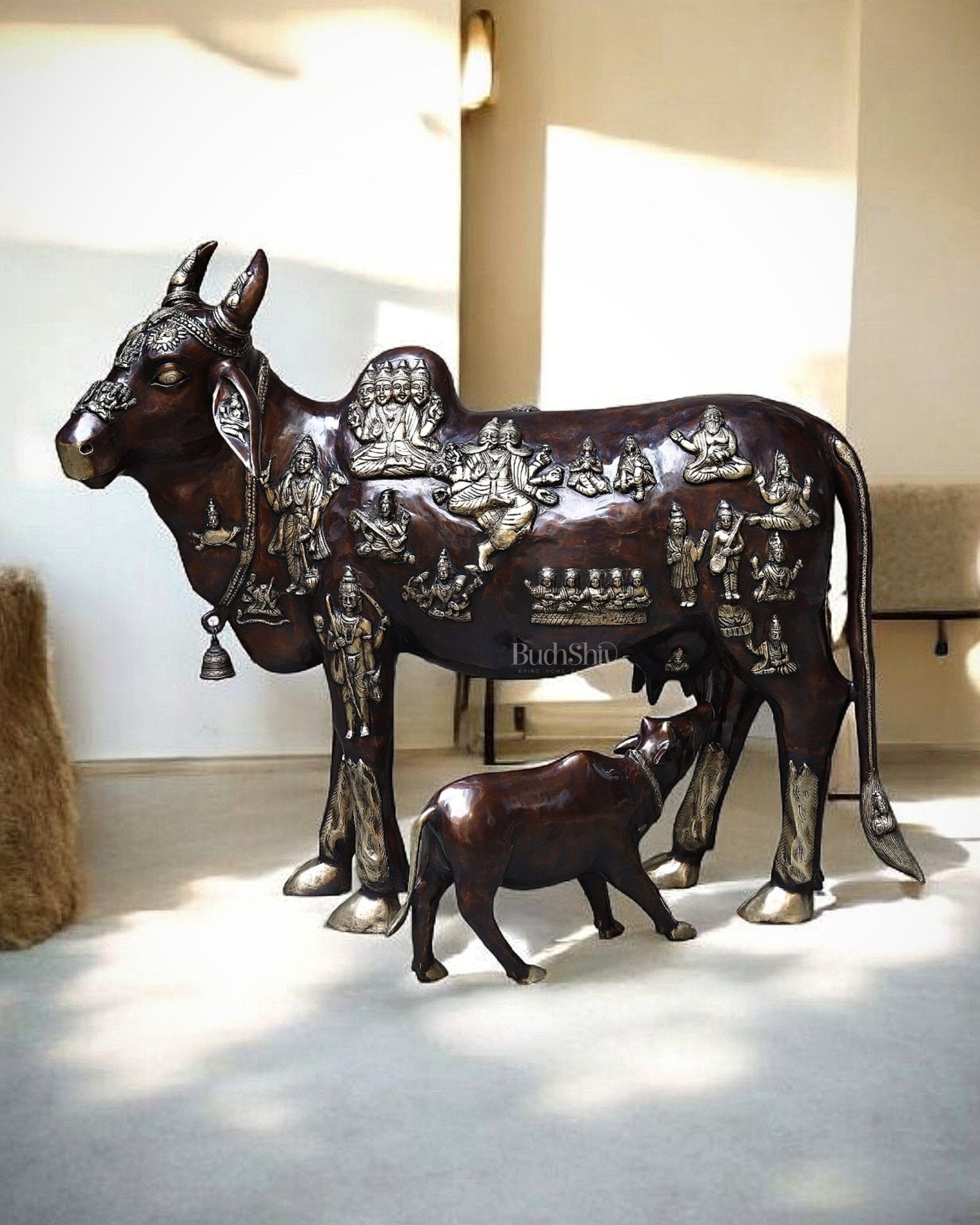 Brass Large Kamadhenu Cow with Calf – 53" - Eco-friendly - Sama Homes