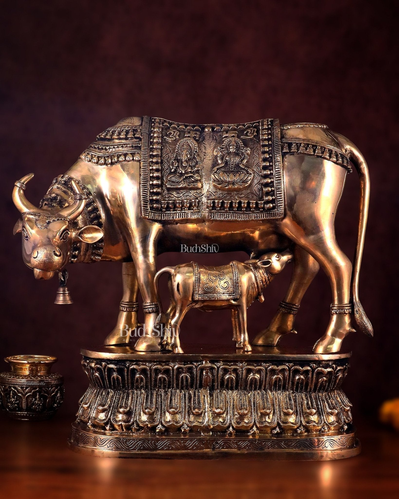 Brass Large Kamadhenu Cow with Calf Idol - 22 Inch Antique Charm - Eco-friendly - Sama Homes