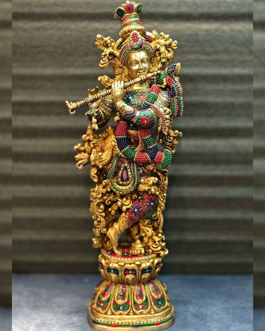 Brass large Lord Krishna Murti | 30 Inch | 100% Certified Copper & Brass - Sama Homes Idol - Brass Sculpture