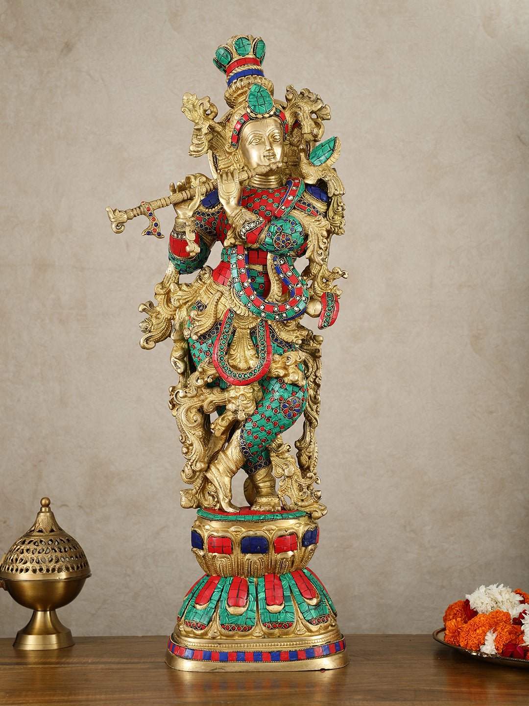 Brass large Lord Krishna statue | 30 Inch | 100% Certified Copper & Brass - Sama Homes Idol - Brass Sculpture - Eco-friendly - Sama Homes