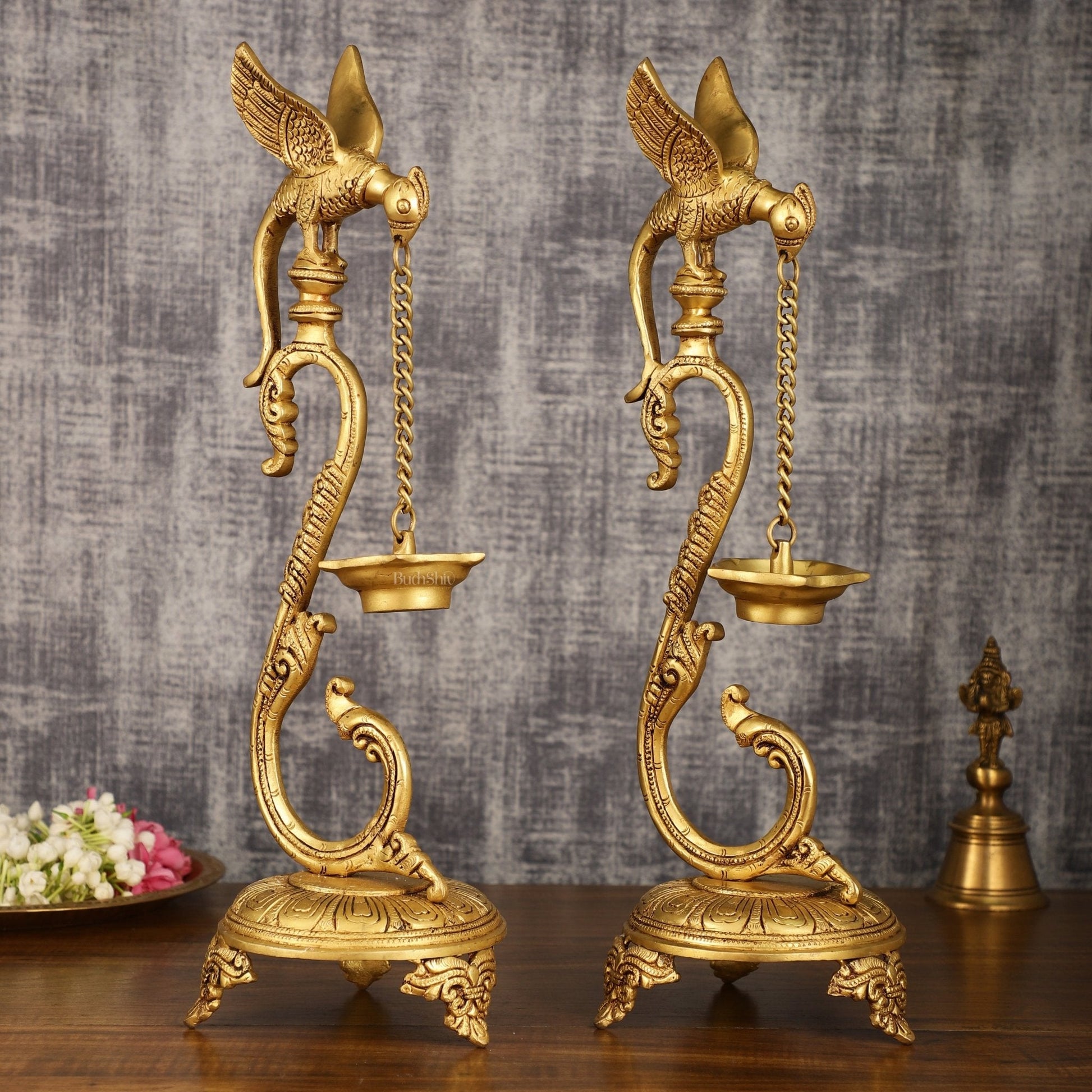 Brass Large Parrot Oil Lamp Diya Vilakku Pair | 17 Inch Height - Eco-friendly - Sama Homes