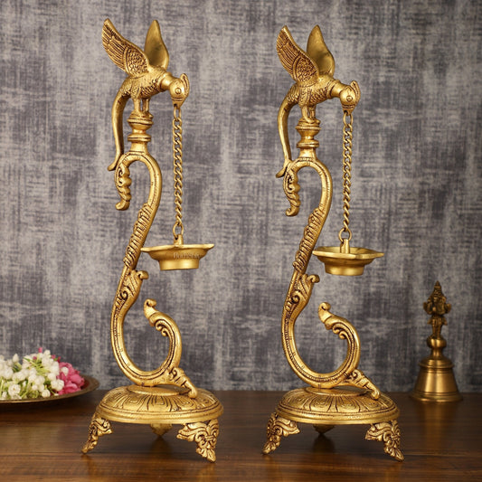 Brass Large Parrot Oil Lamp Diya Vilakku Pair | 17 Inch Height