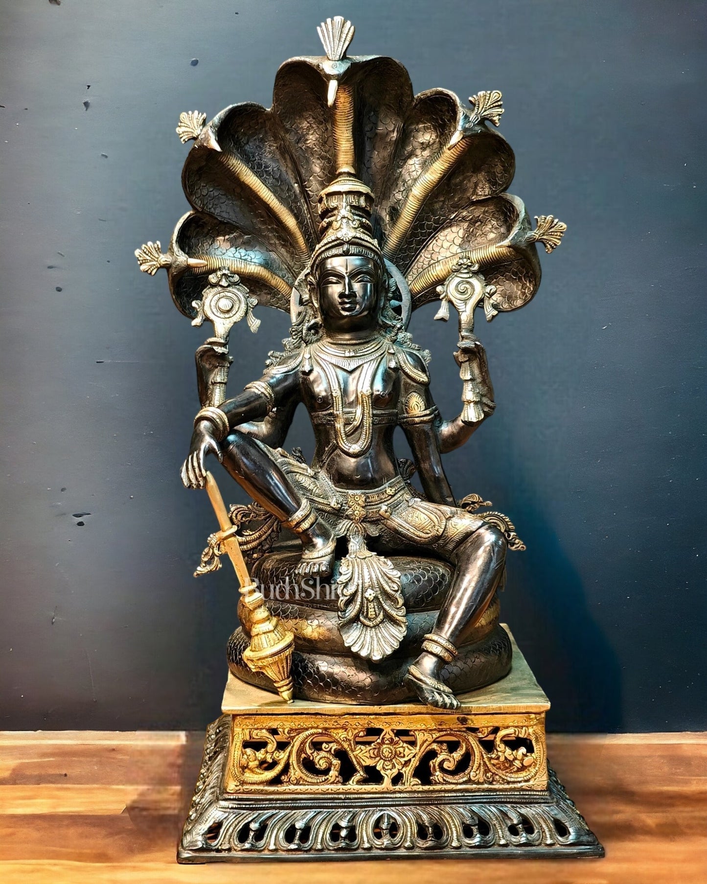 Brass large sitting Lord Vishnu Sculpture black | 25.5 inch | 100% Certified Copper & Brass - Sama Homes Idol - Brass Sculpture