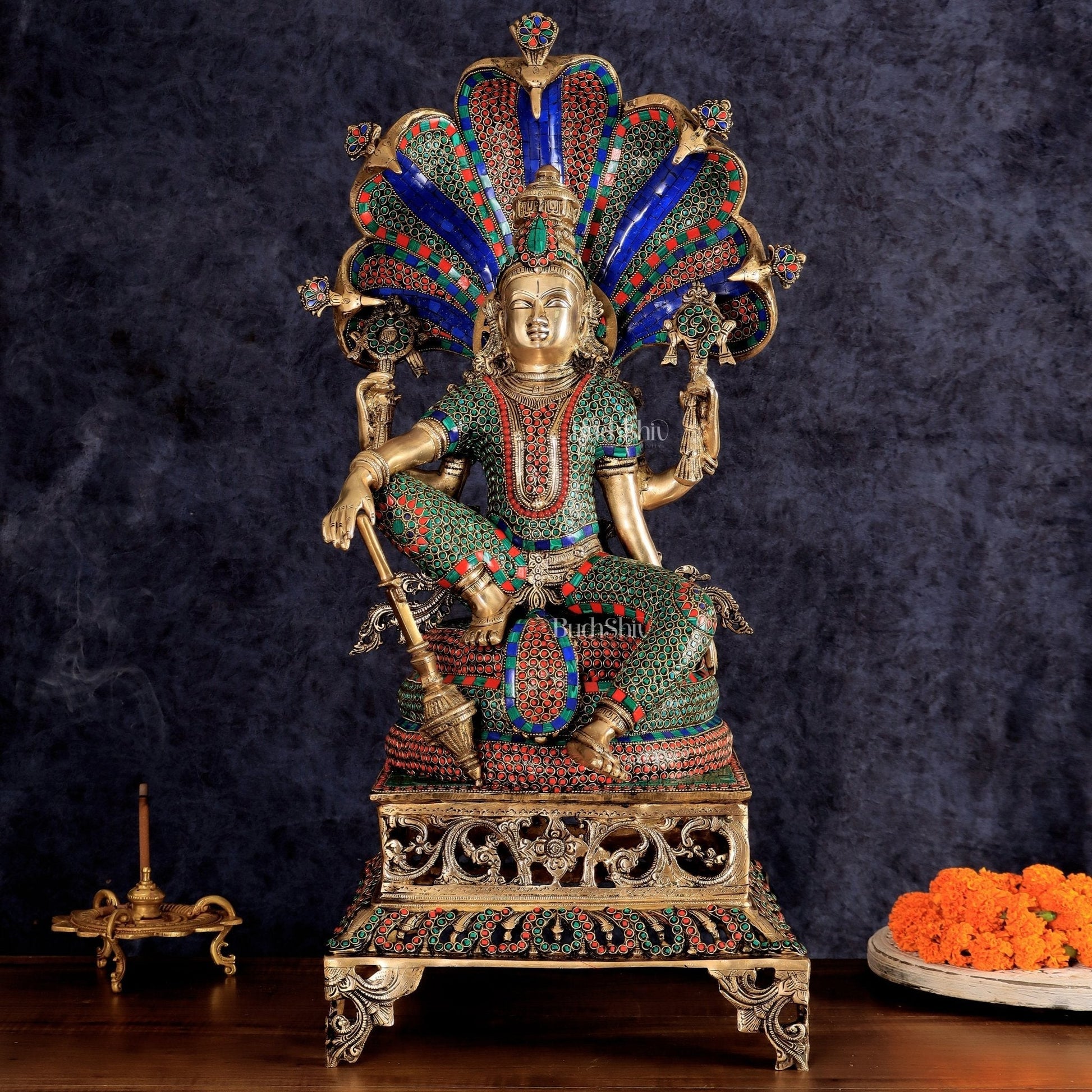 Brass large sitting Lord Vishnu Sculpture with stonework | 28 inch | 100% Certified Copper & Brass - Sama Homes Idol - Brass Sculpture - Eco-friendly - Sama Homes