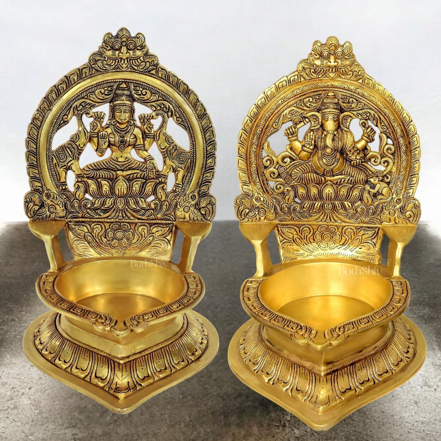 Brass Large-Sized Ganesha and Lakshmi Lamps - 17 Inch | 100% Certified Copper & Brass - Sama Homes Idol - Brass Sculpture - Eco-friendly - Sama Homes