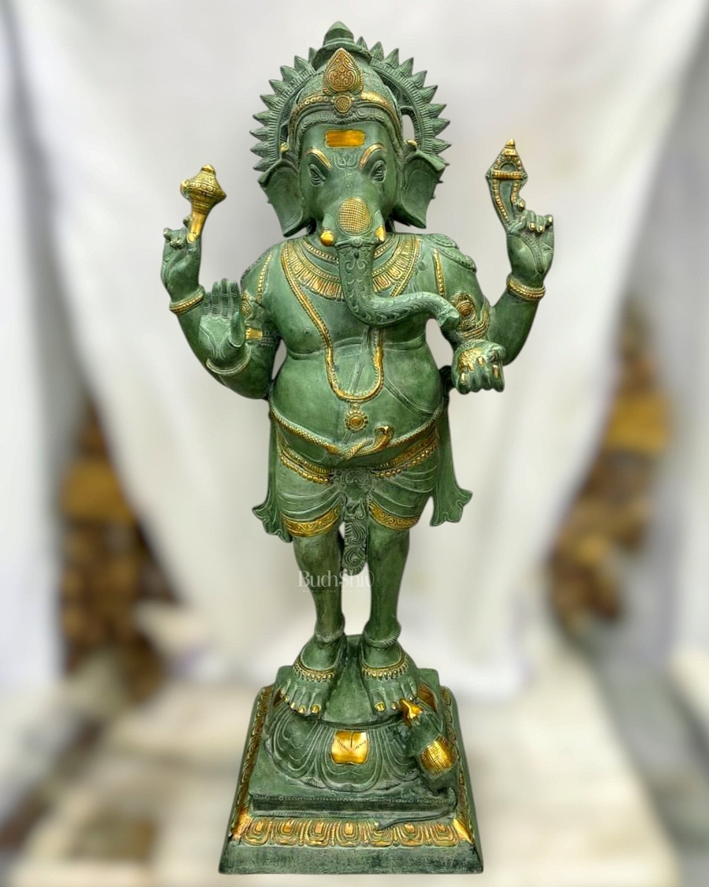 Brass Large Standing Ganesha Statue – Green Patina Finish 51" | 100% Certified Copper & Brass - Sama Homes Idol - Brass Sculpture