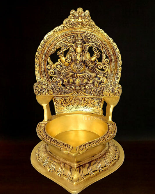 Brass Large Superfine Ganesha Diya - 16 Inch | 100% Certified Copper & Brass - Sama Homes Idol - Brass Sculpture