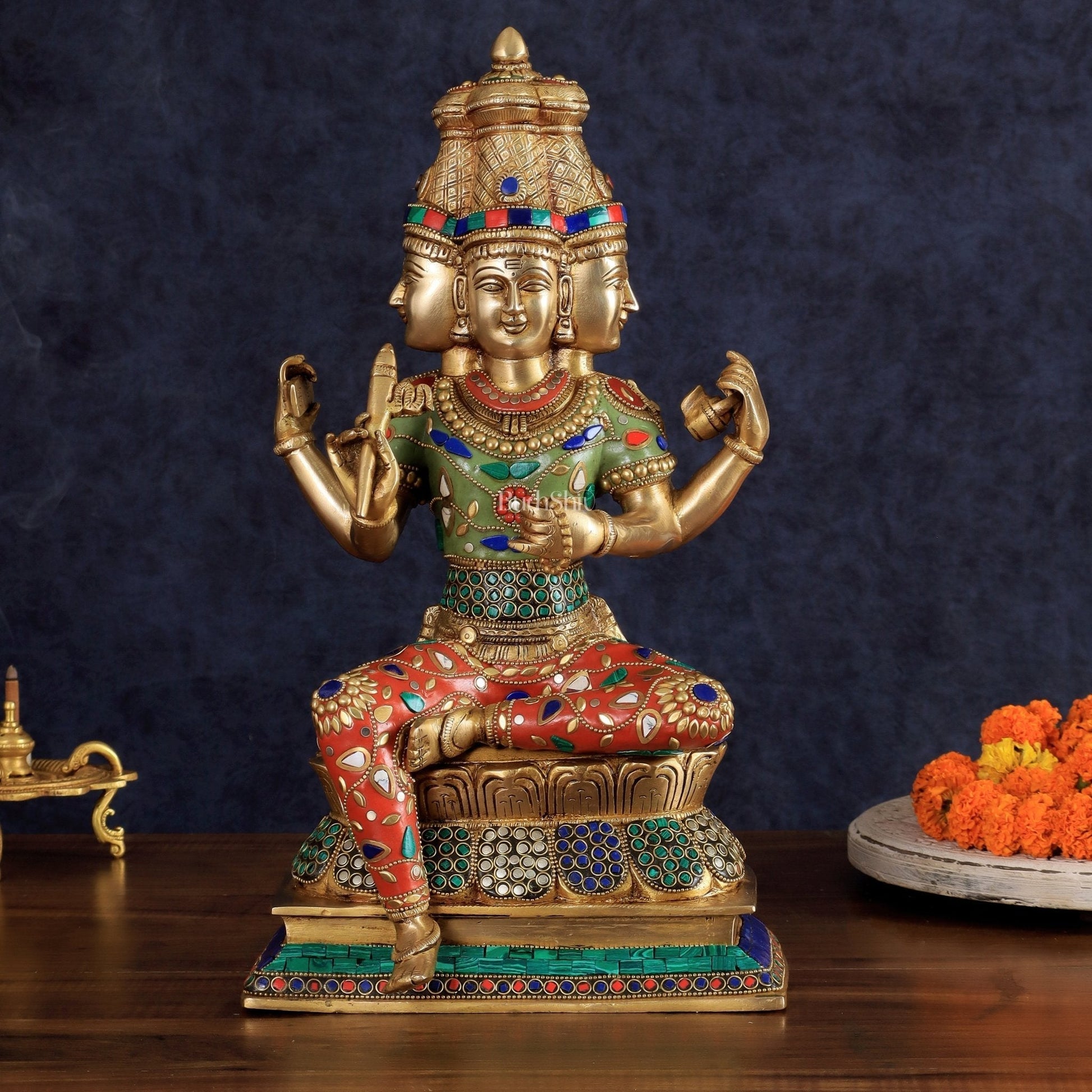 Brass Lord Brahma Sculpture - 16 inch with stonework | 100% Certified Copper & Brass - Sama Homes Idol - Brass Sculpture - Eco-friendly - Sama Homes