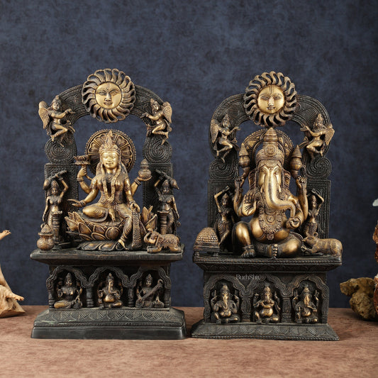 Brass Lord Ganesha and Goddess Lakshmi Statue Pair – 20" Height, Antique Chola Style, Dual-Tone Finish | 100% Certified Copper & Brass - Sama Homes Idol - Brass Sculpture