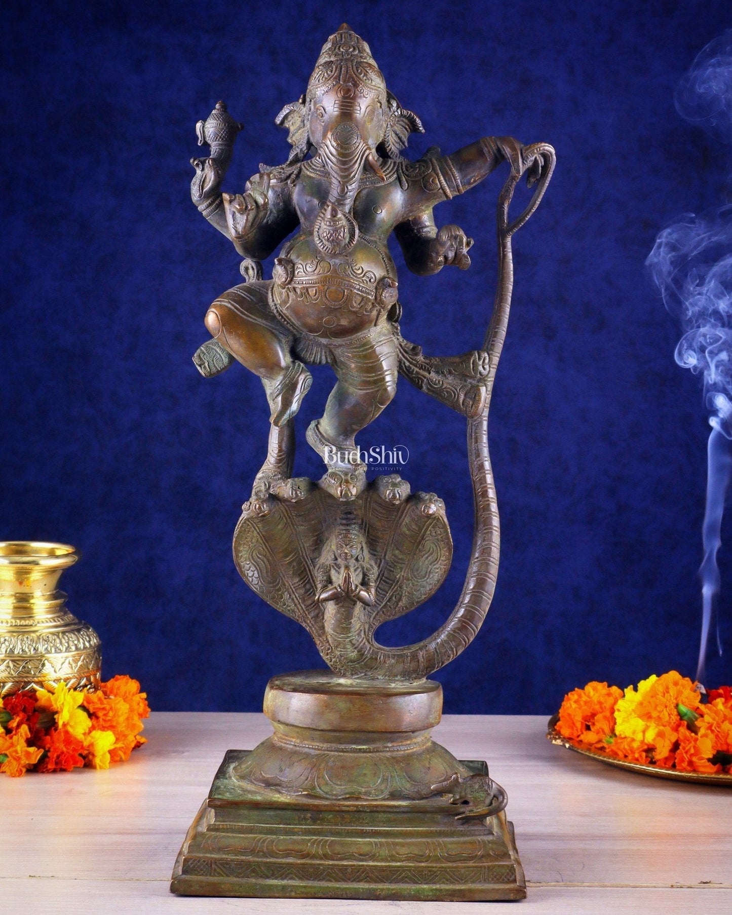 Brass Lord Ganesha dancing on snake 19 " | 100% Certified Copper & Brass - Sama Homes Idol - Brass Sculpture