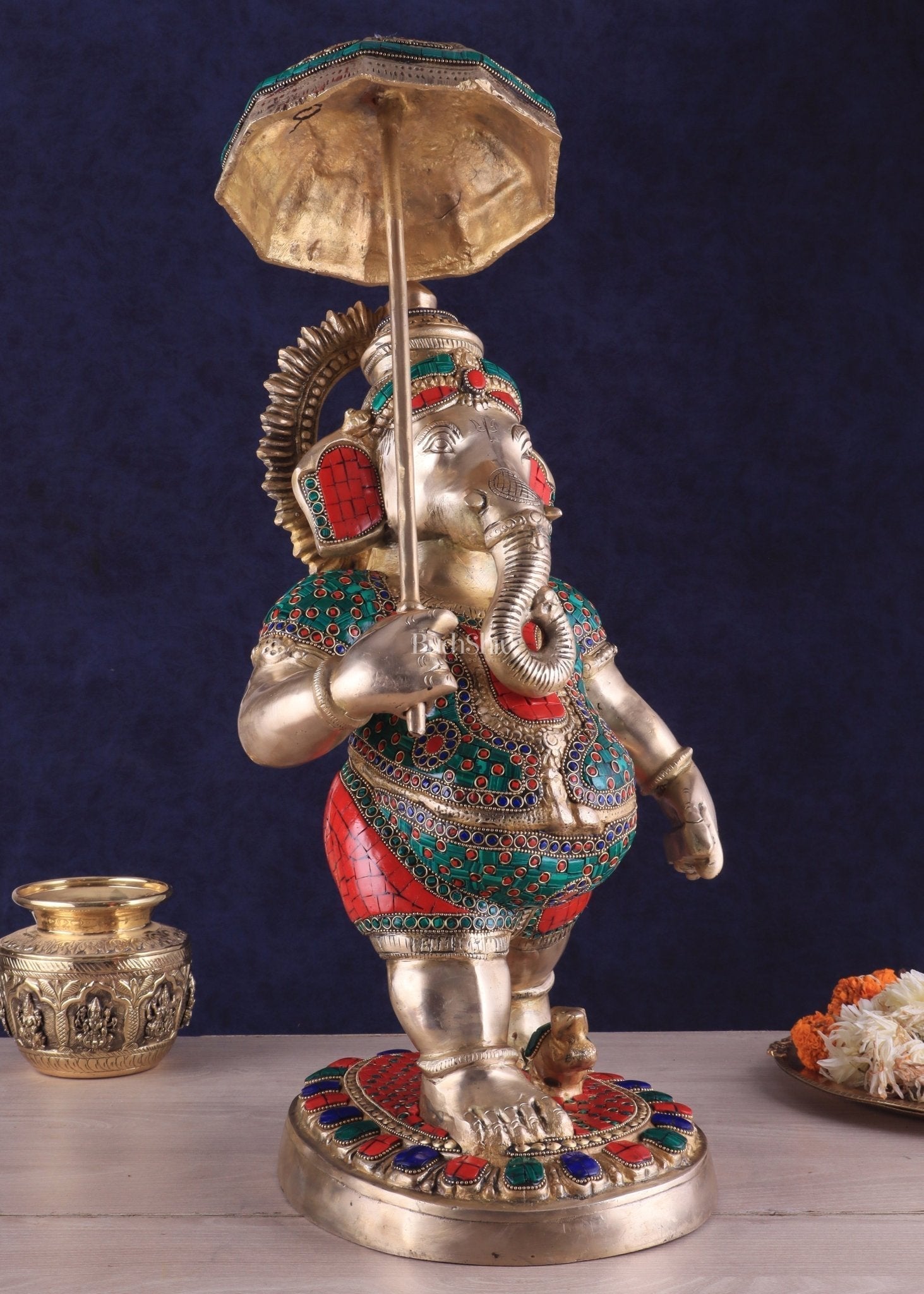 Brass Lord Ganesha Holding Umbrella Statue with Meenakari Stonework – 24 Inch | 100% Certified Copper & Brass - Sama Homes Idol - Brass Sculpture - Eco-friendly - Sama Homes
