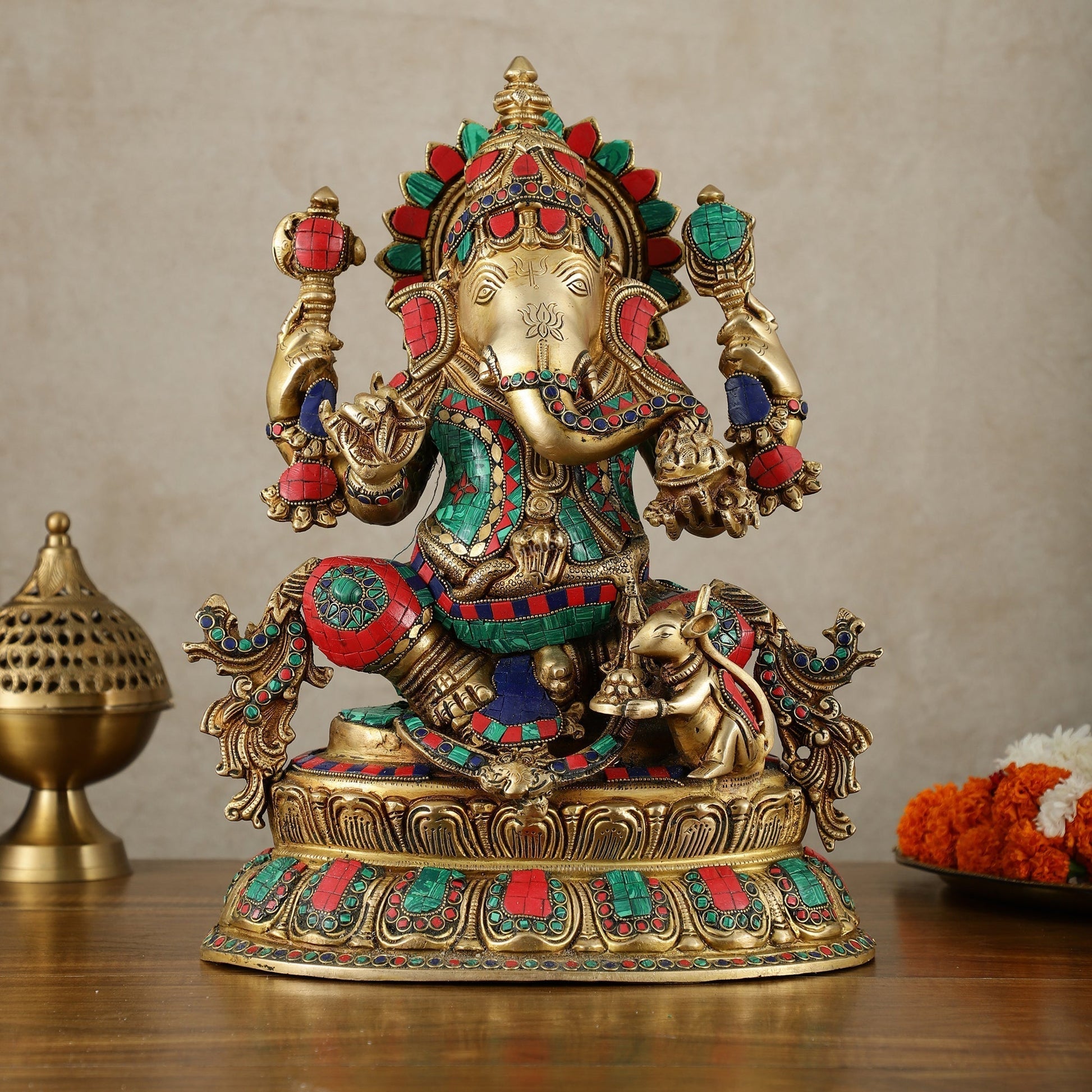 Brass Lord Ganesha Idol - 16 Inch unique stonework | 100% Certified Copper & Brass - Sama Homes Idol - Brass Sculpture - Eco-friendly - Sama Homes
