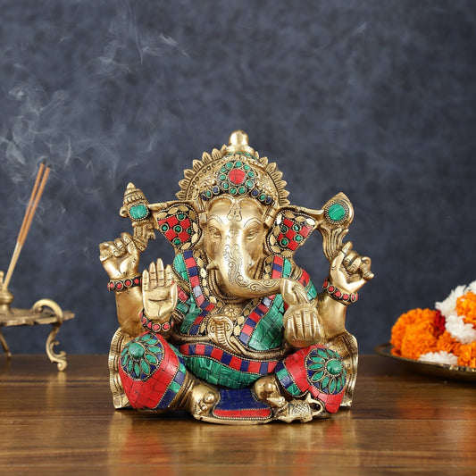 Brass Lord Ganesha Idol 9" meenakari | 100% Certified Copper & Brass - Sama Homes Idol - Brass Sculpture