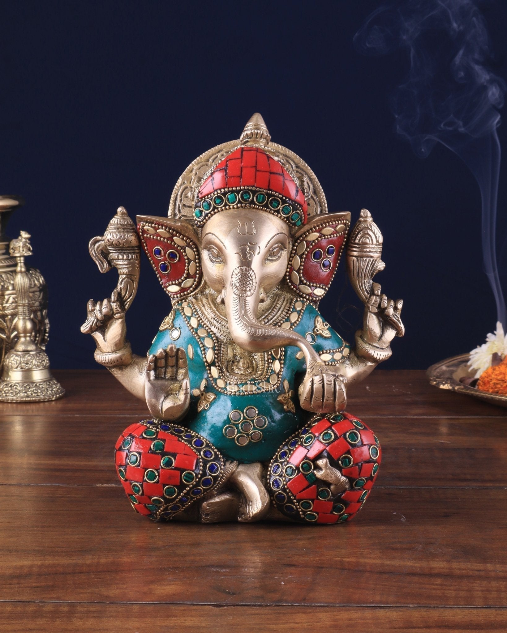 Brass lord Ganesha Idol with Sharp Features - 8 Inch with stonework | 100% Certified Copper & Brass - Sama Homes Idol - Brass Sculpture - Eco-friendly - Sama Homes