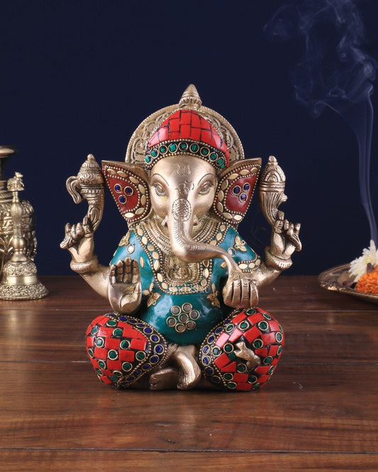 Brass lord Ganesha Idol with Sharp Features - 8 Inch with stonework | 100% Certified Copper & Brass - Sama Homes Idol - Brass Sculpture