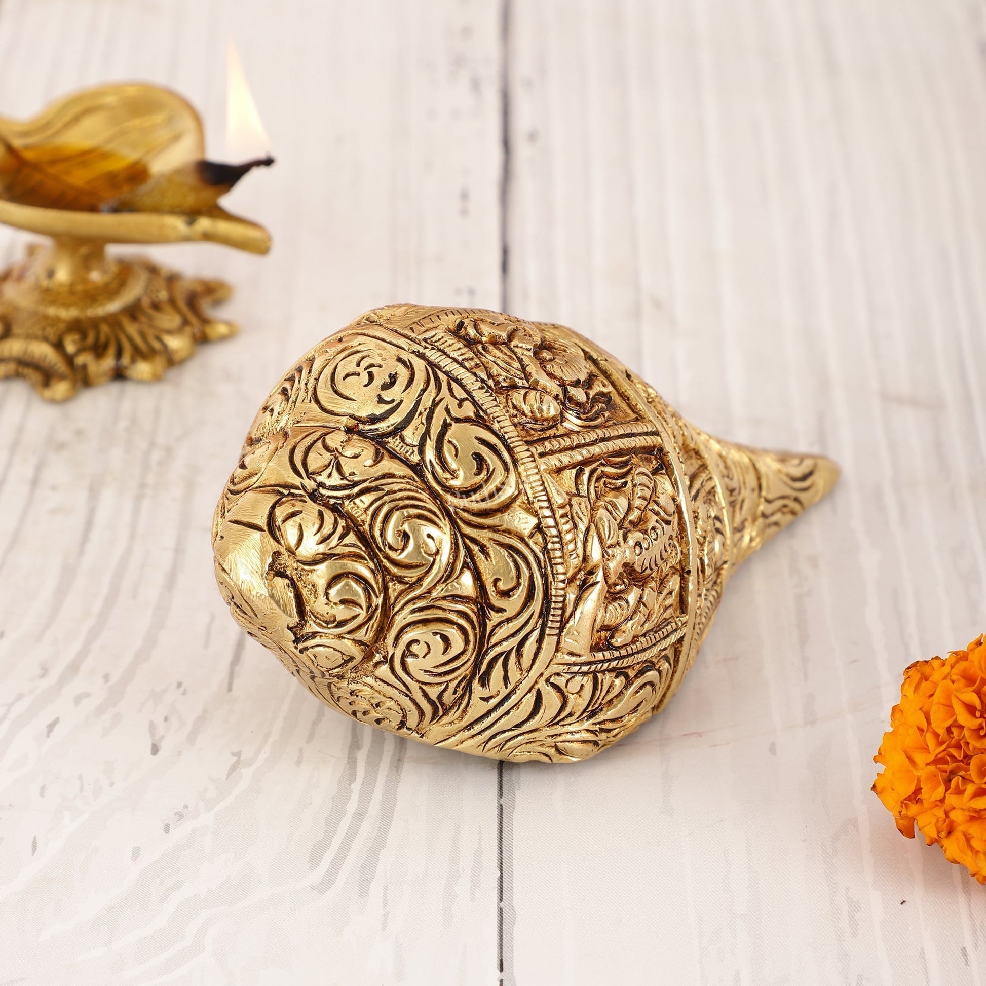Brass Lord ganesha Shankh conch | 100% Certified Copper & Brass - Sama Homes Idol - Brass Sculpture - Eco-friendly - Sama Homes