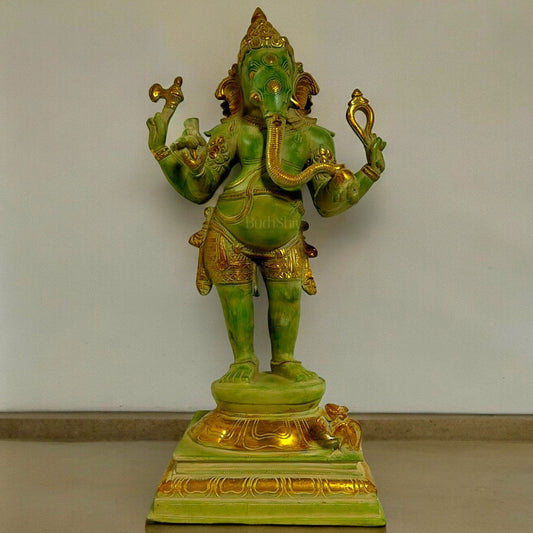 Brass Lord Ganesha Statue - 20 Inch, Green Sand Finish | 100% Certified Copper & Brass - Sama Homes Idol - Brass Sculpture