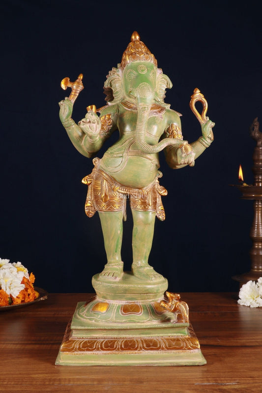 Brass Lord Ganesha Statue - 20 Inches | Antique Green patina | 100% Certified Copper & Brass - Sama Homes Idol - Brass Sculpture