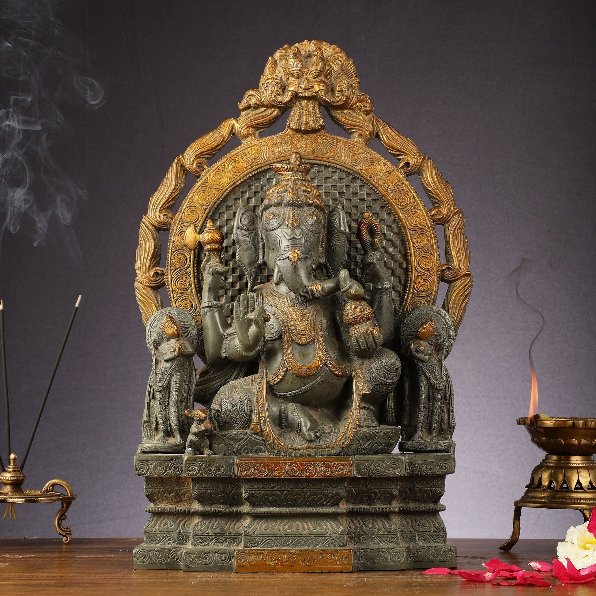 Brass Lord Ganesha Statue - Antique Tone with Riddhi Siddhi 18 inch | 100% Certified Copper & Brass - Sama Homes Idol - Brass Sculpture - Eco-friendly - Sama Homes