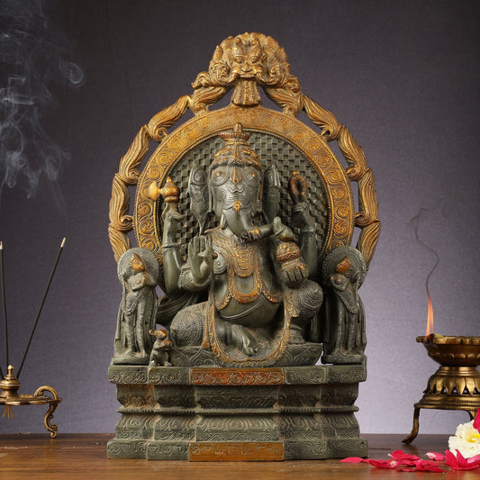 Brass Lord Ganesha Statue - Antique Tone with Riddhi Siddhi 18 inch | 100% Certified Copper & Brass - Sama Homes Idol - Brass Sculpture