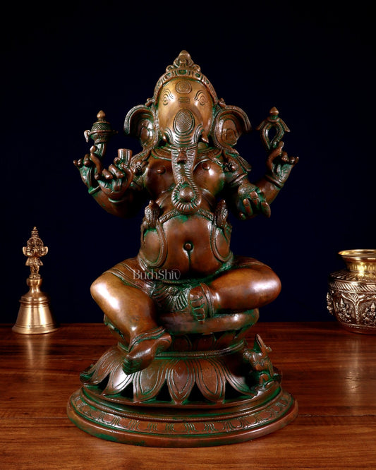 Brass Lord Ganesha Statue on Lotus Base chola style – 14” | 100% Certified Copper & Brass - Sama Homes Idol - Brass Sculpture