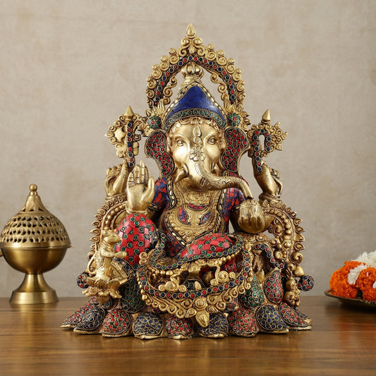 Brass Lord Ganesha statue with sharp features - 16 inches | 100% Certified Copper & Brass - Sama Homes Idol - Brass Sculpture