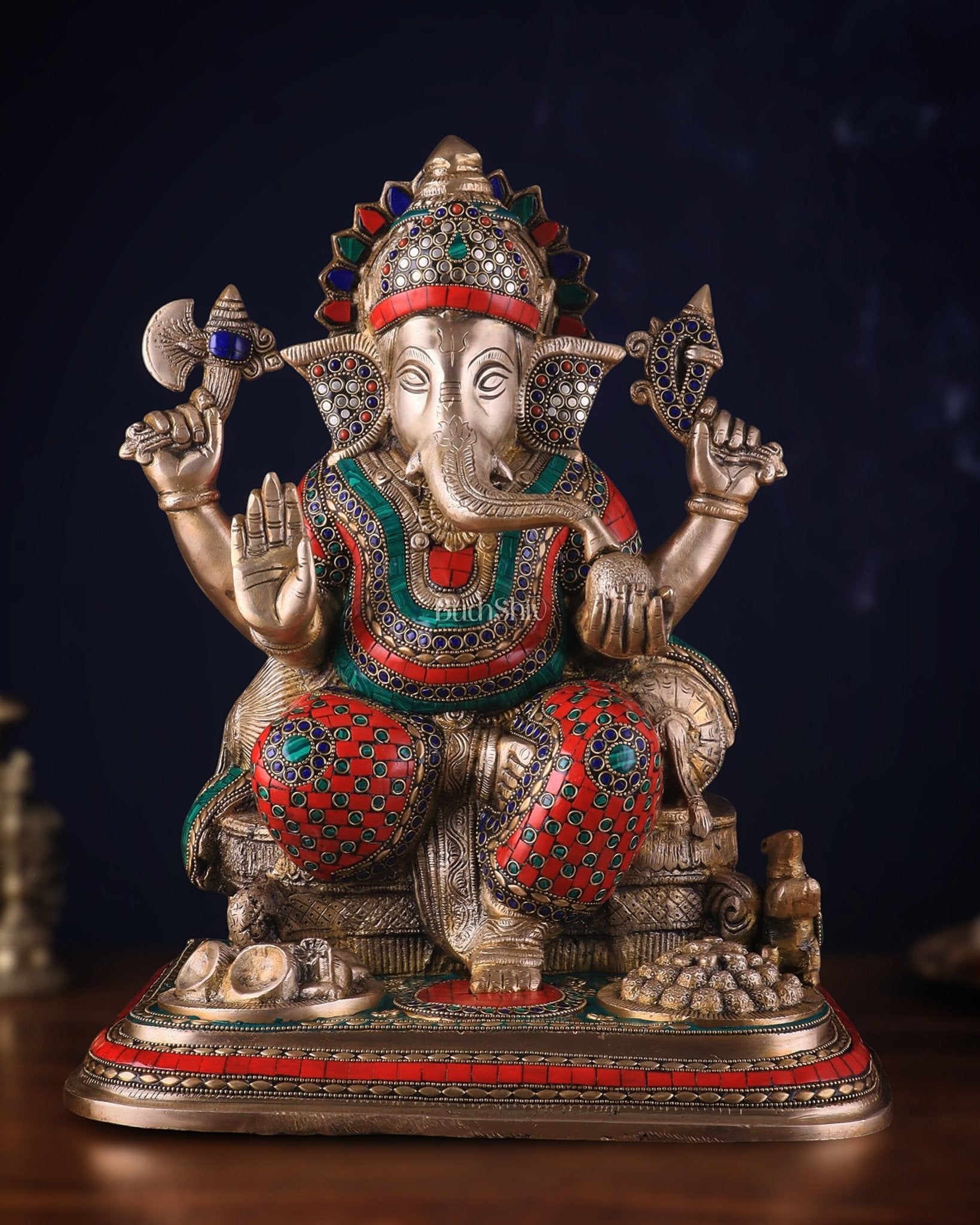Brass Lord Ganesha Statue with Stonework - Big Size, Engraved Base 17" | 100% Certified Copper & Brass - Sama Homes Idol - Brass Sculpture - Eco-friendly - Sama Homes