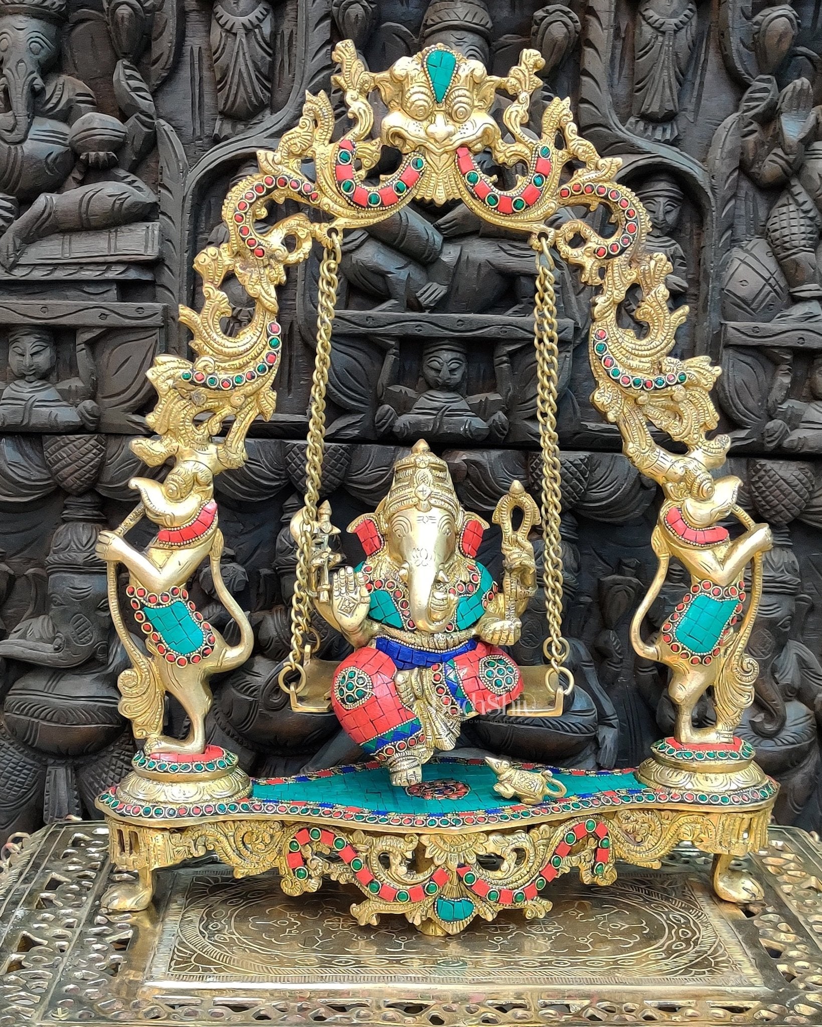 Brass Lord Ganesha Swing with Multicolour Stonework - 18" x 15" x 4.5 | 100% Certified Copper & Brass - Sama Homes Idol - Brass Sculpture - Eco-friendly - Sama Homes