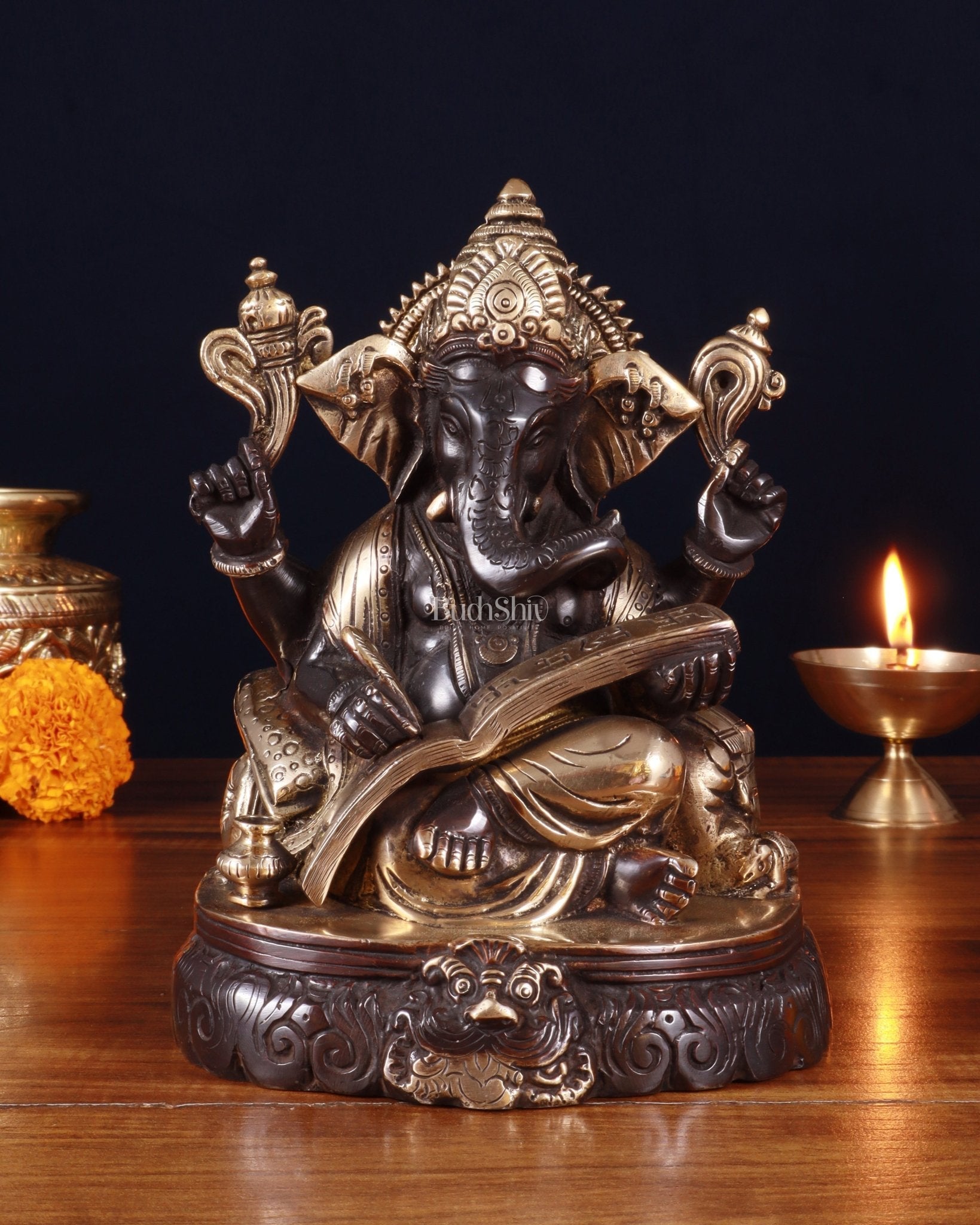 Brass Lord Ganesha Writing Statue – 7.5 Inch black tone | 100% Certified Copper & Brass - Sama Homes Idol - Brass Sculpture - Eco-friendly - Sama Homes