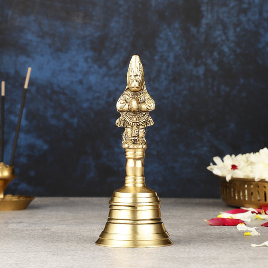 Brass Lord Hanuman Temple Hand Bell for Pooja | Height 5.5 inch | 100% Certified Copper & Brass - Sama Homes Idol - Brass Sculpture