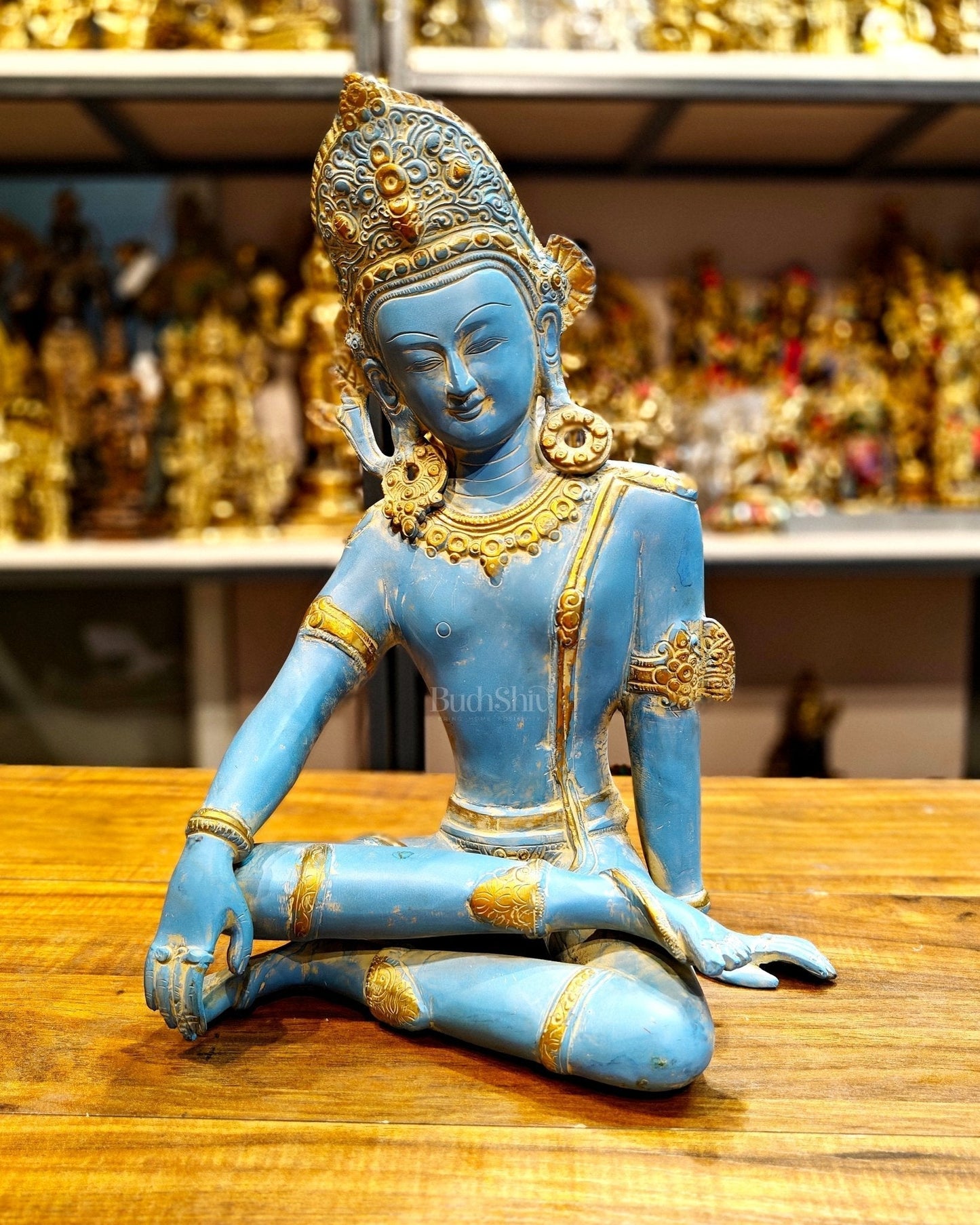 Brass Lord Indra Dev Idol with Blue Patina - 14 inch | 100% Certified Copper & Brass - Sama Homes Idol - Brass Sculpture
