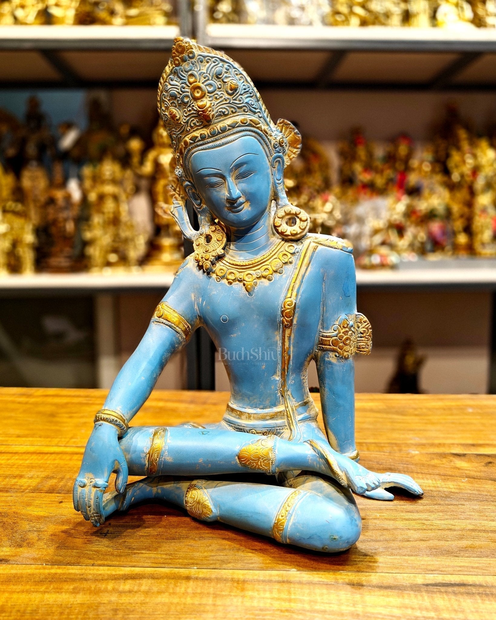 Brass Lord Indra Dev Idol with Blue Patina - 14 inch | 100% Certified Copper & Brass - Sama Homes Idol - Brass Sculpture - Eco-friendly - Sama Homes