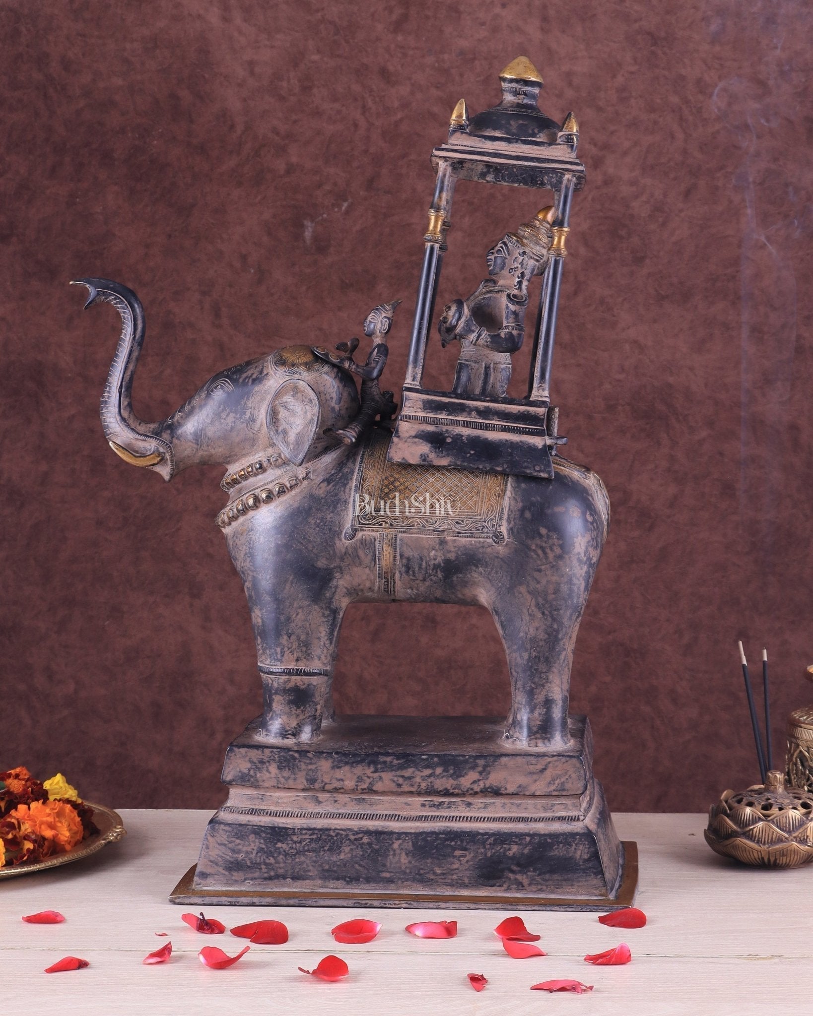 Brass Lord Indra Statue on Elephant with trunk up – Vintage Sand Patina Finish 21.5" - Eco-friendly - Sama Homes