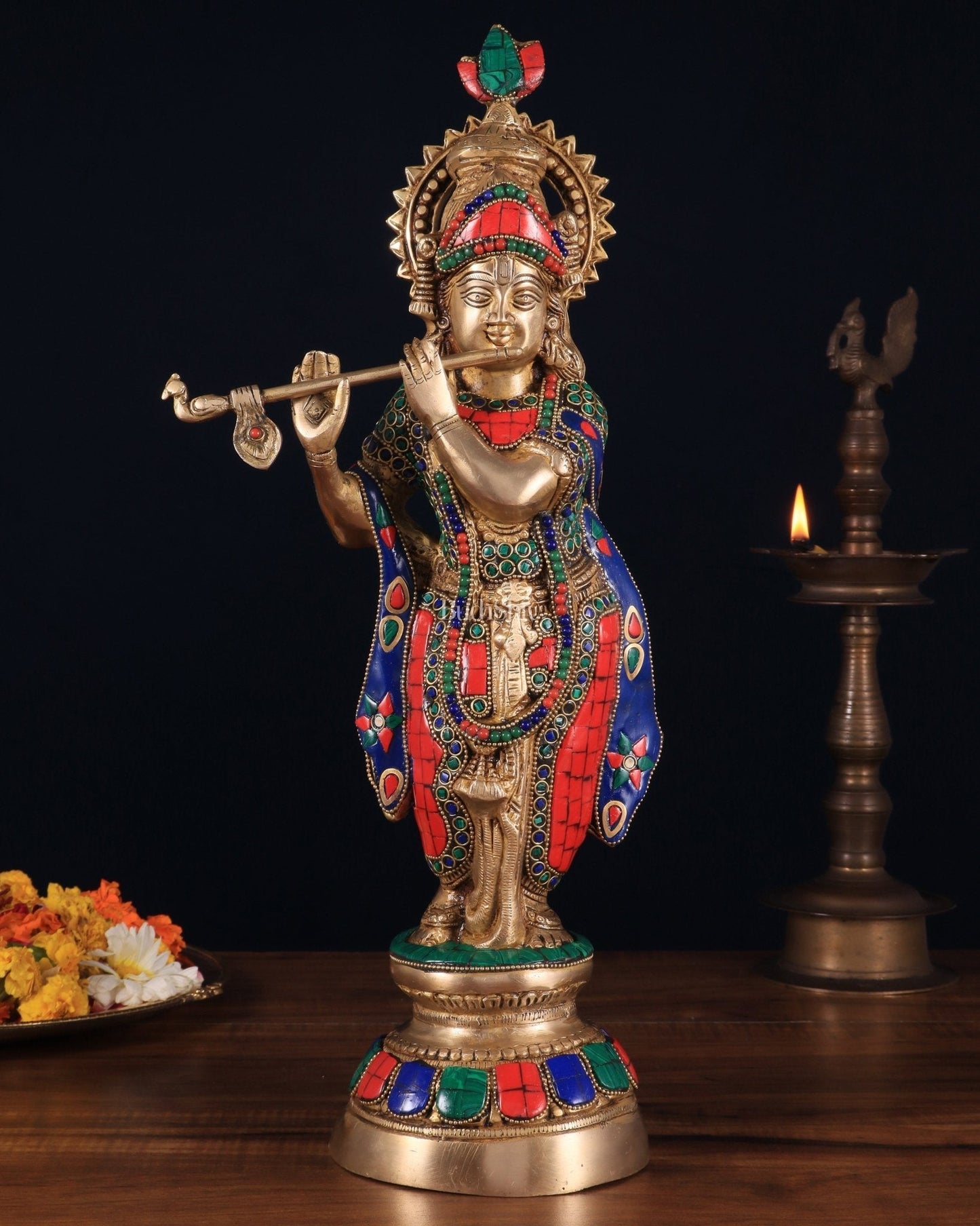 Brass Lord Krishna Idol with stonework - 18 Inch | 100% Certified Copper & Brass - Sama Homes Idol - Brass Sculpture