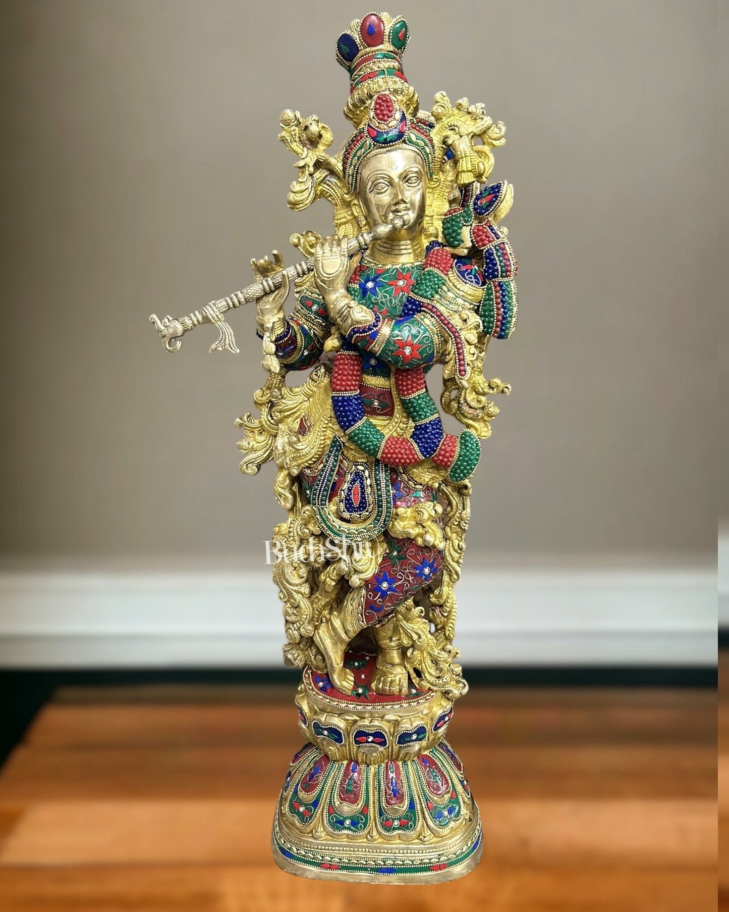 Brass Lord Krishna Murti | 29 Inch | 100% Certified Copper & Brass - Sama Homes Idol - Brass Sculpture