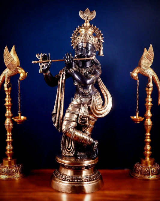 Brass Lord Krishna Statue - 36 inch black edition | 100% Certified Copper & Brass - Sama Homes Idol - Brass Sculpture